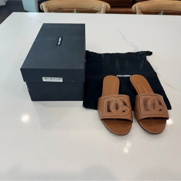 Dolce & Gabbana Brown Logo Slide Sandals - Picture 2 of 9